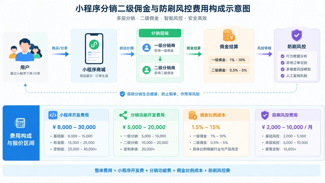 小程序接入分销二级分佣与防刷风控要多少钱?绑定关系、分润结算与提现风控如何拆分报价? 小程序接入分销二级分佣与防刷风控要多少钱?绑定关系、分润结算与提现风控如何拆分报价?